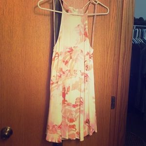 White mini dress with pink and peach floral print